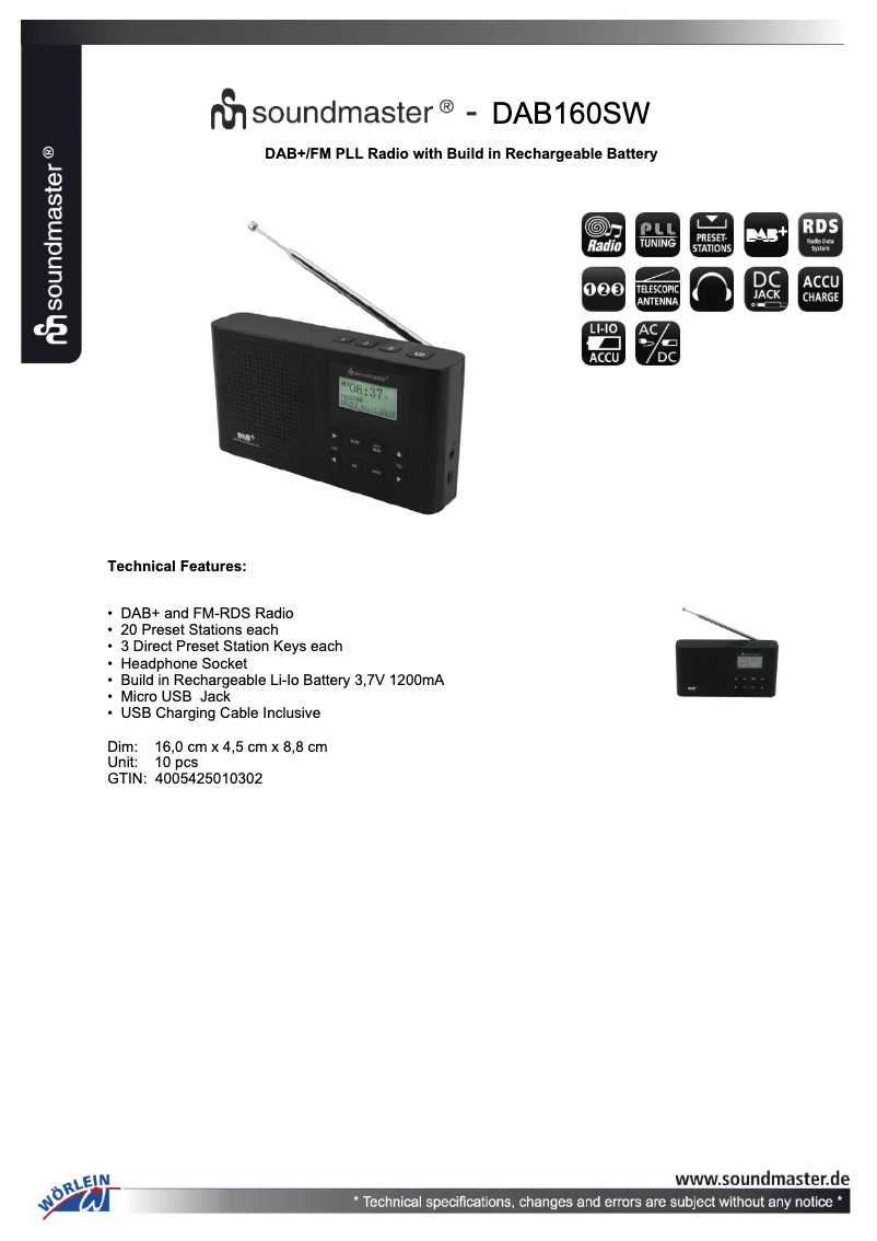 Page n°1 - Fiche technique Soundmaster DAB160