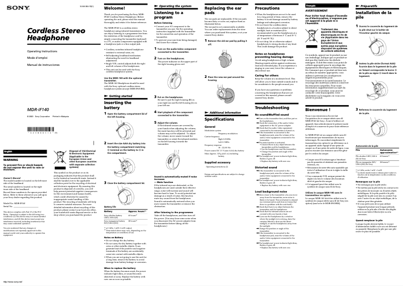 Image de la première page du manuel de l'appareil MDR-IF140