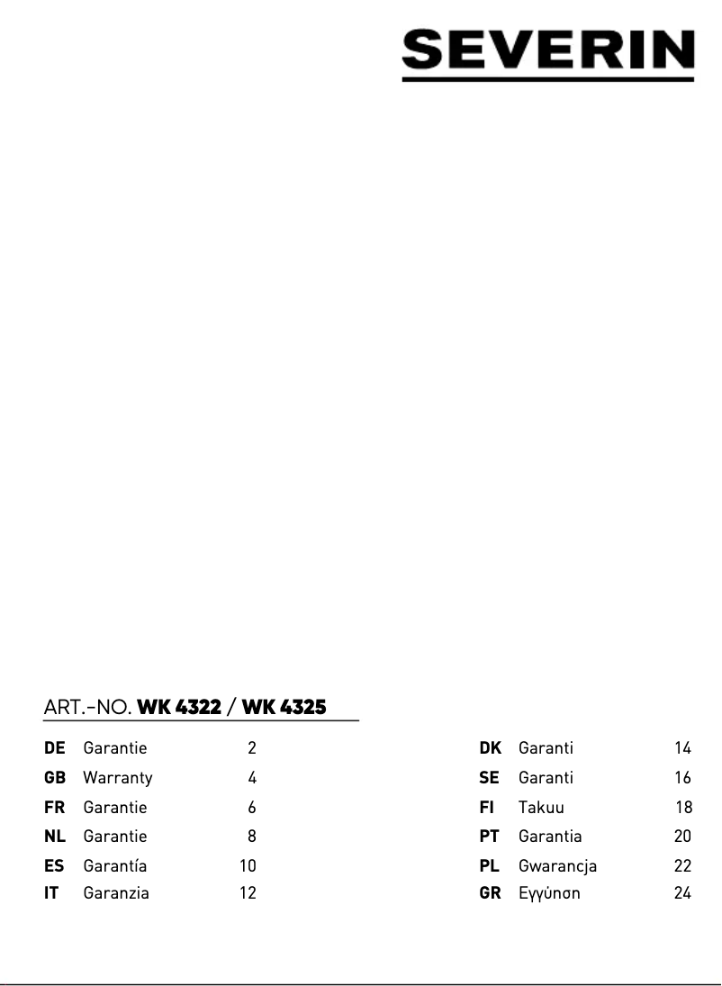 Page n°1 - Informations de garantie Severin WK 4322