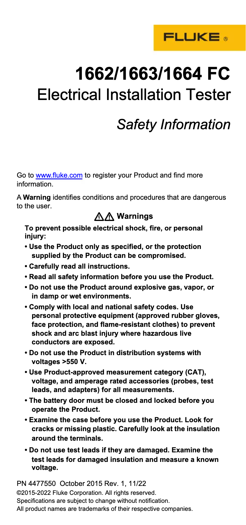 Page 1 de la notice Instructions de sécurité Fluke 1662