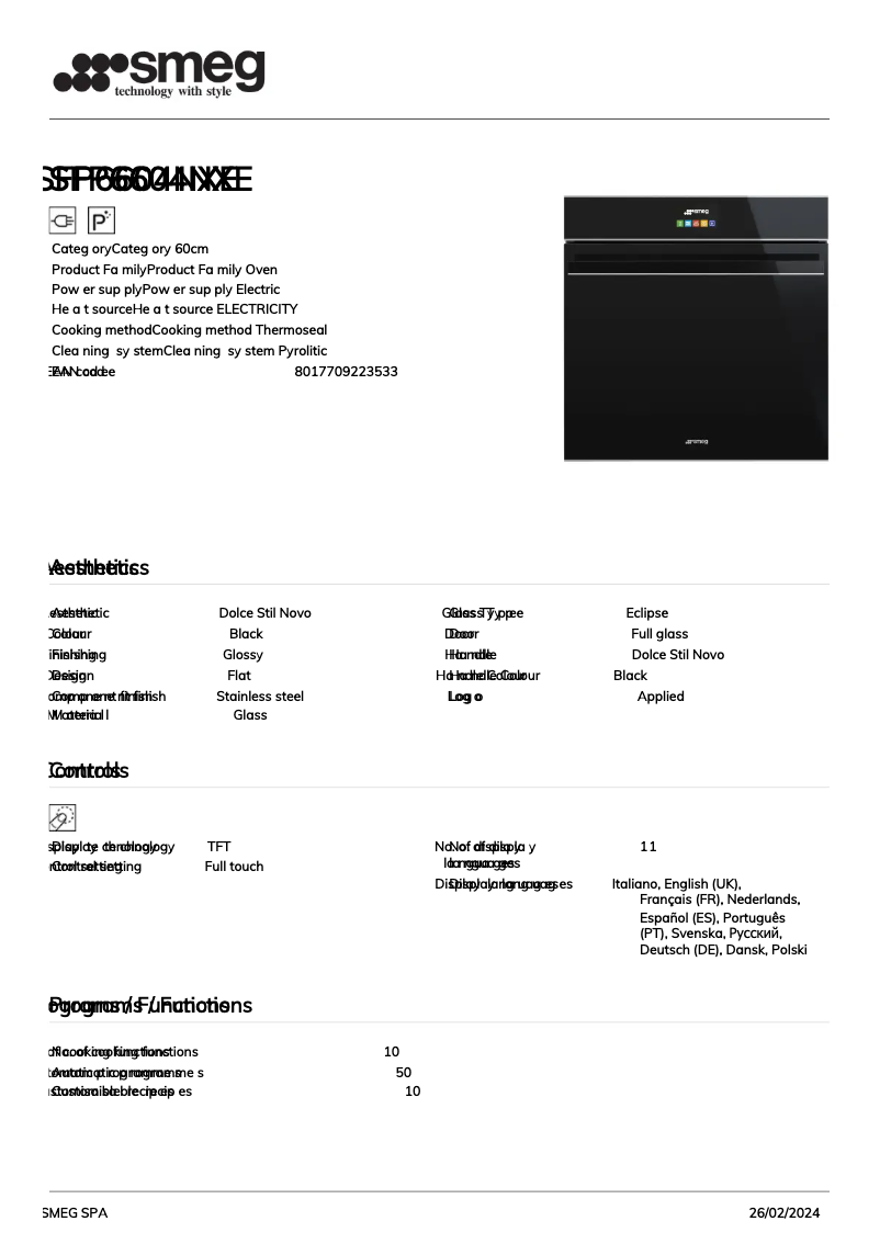 Page n°1 - Fiche technique Smeg SFP6604NXE