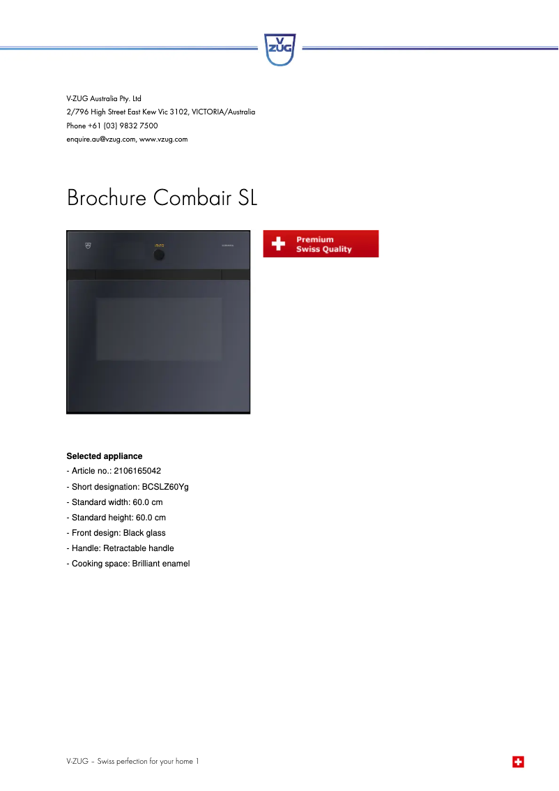 Page 1 de la notice Fiche technique V-Zug BCSLZ60Y