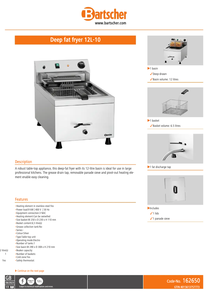 Page 1 de la notice Fiche technique Bartscher 12L-10