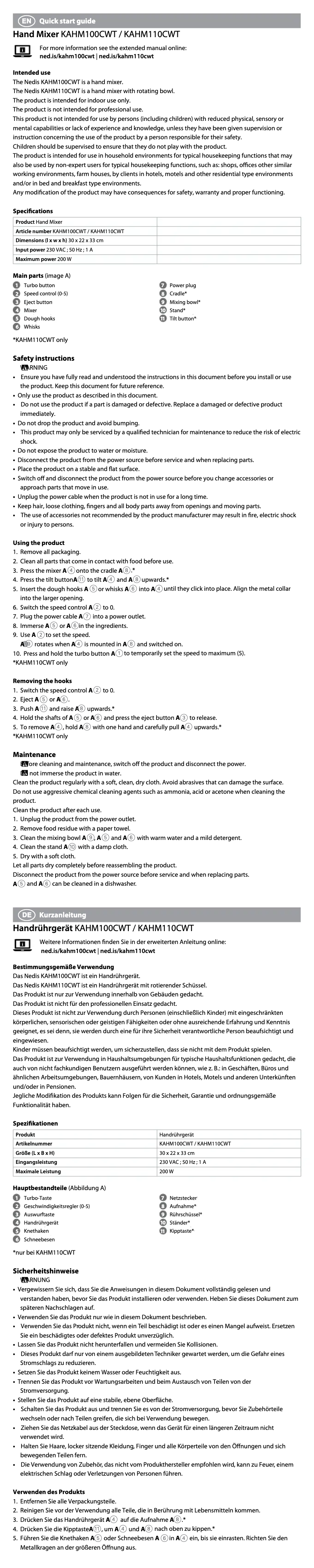 Page 1 de la notice Manuel utilisateur Nedis KAHM110CWT
