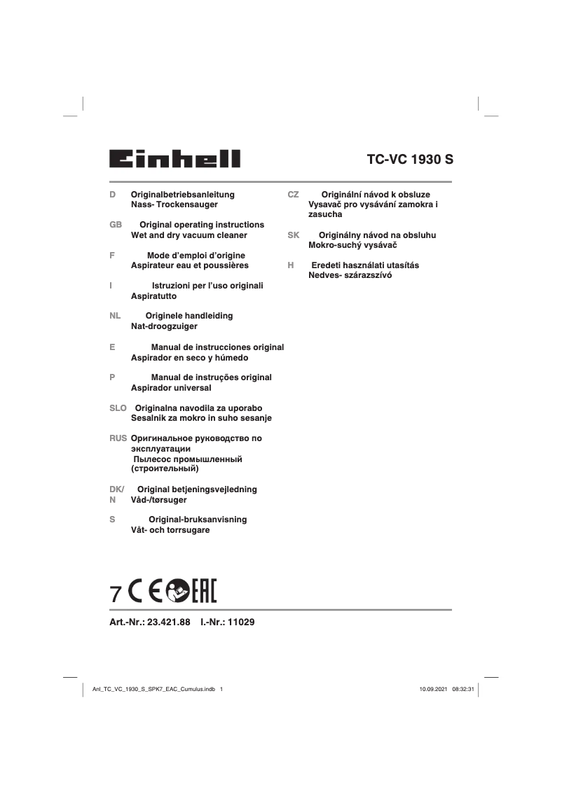 Page 1 de la notice Manuel utilisateur Einhell TC-VC 1930 S