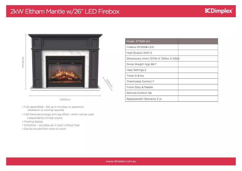 Page 1 de la notice Fiche technique Dimplex DF2608-LED