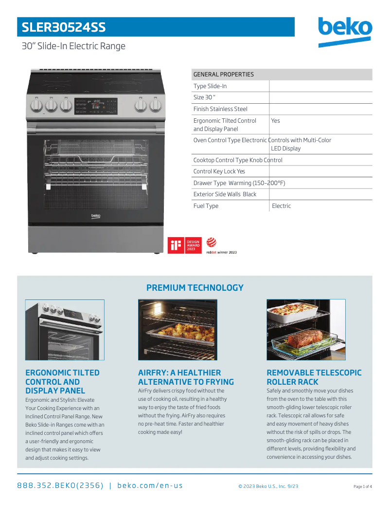 Page 1 de la notice Fiche technique Beko SLER30524SS