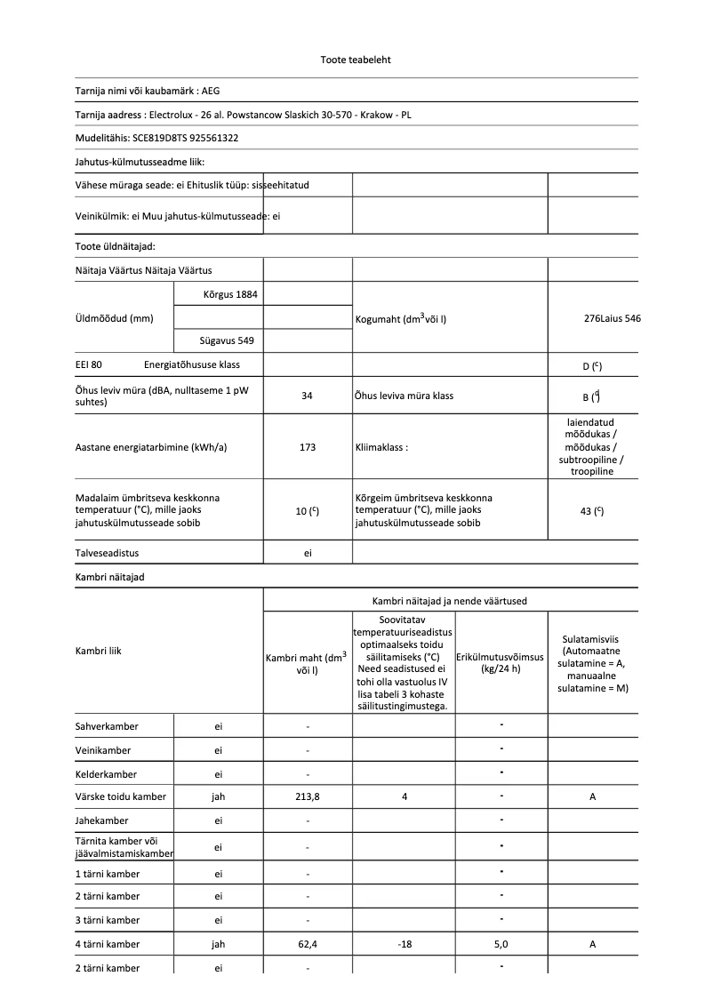 Página 1 del manual Ficha técnica AEG SCE819D8TS