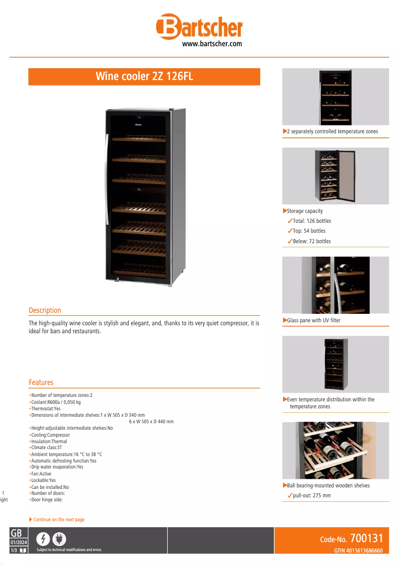 Page 1 de la notice Fiche technique Bartscher 2Z 126FL