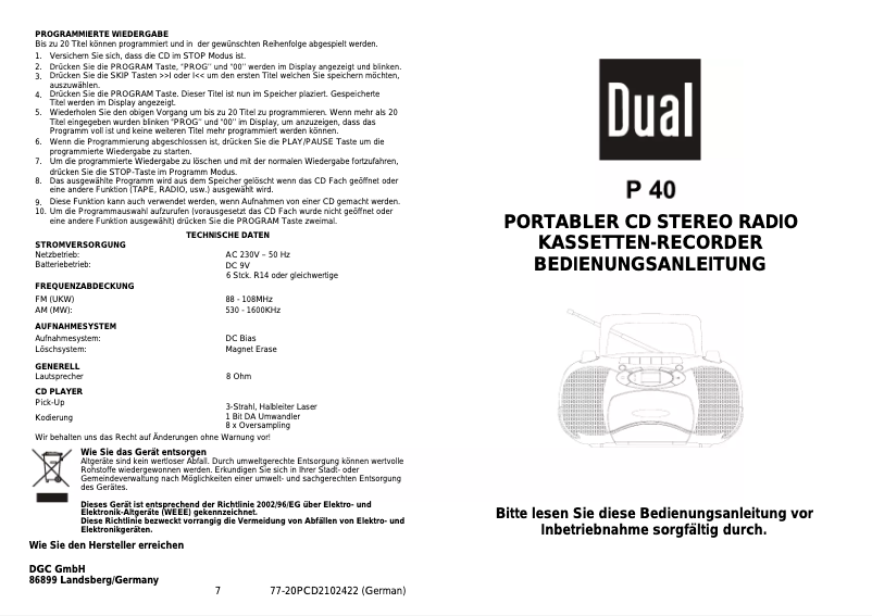 Page 1 de la notice Manuel utilisateur Dual P40