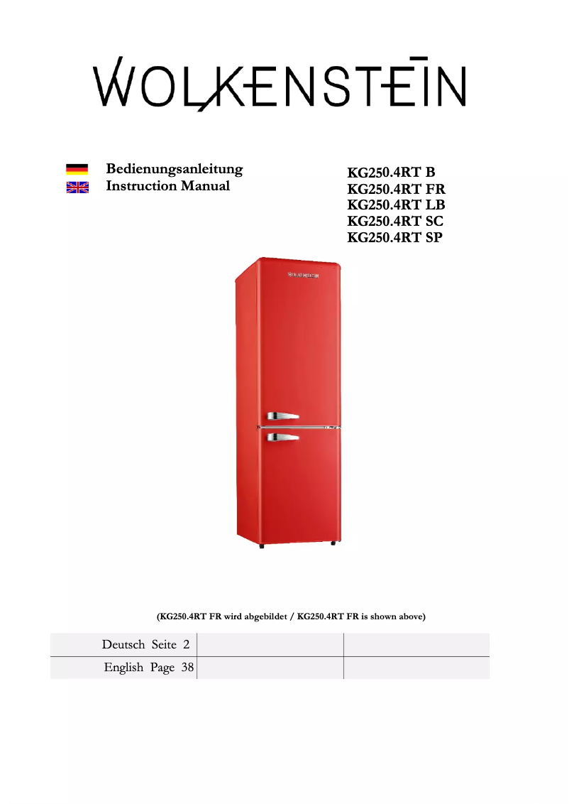 Page 1 de la notice Manuel utilisateur Wolkenstein KG250.4RT SC A++