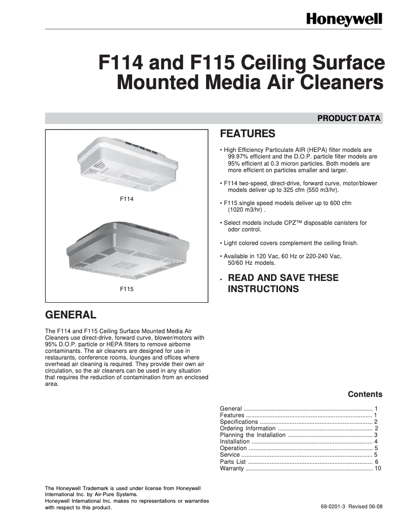 Page 1 de la notice Mode d'emploi Honeywell F115C1005