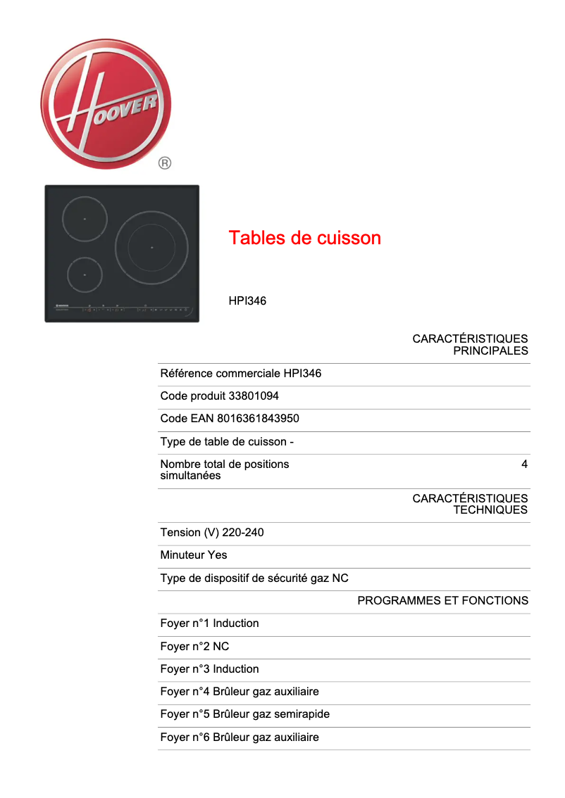 Page n°1 - Fiche technique Hoover HPI346