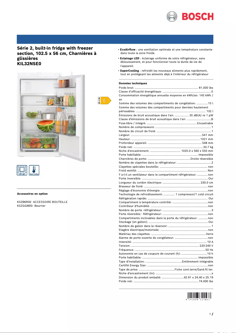 Page n°1 - Fiche technique Bosch KIL32NSE0