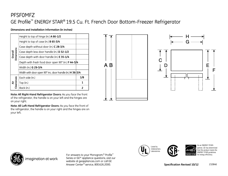 Page 1 of the manual Technical Sheet GE PFSF0MFZBB