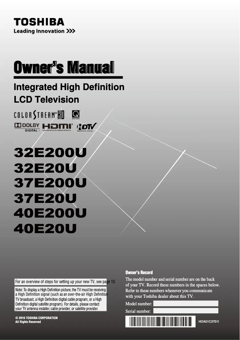 Page n°1 - Manuel utilisateur Toshiba Regza 32E200U