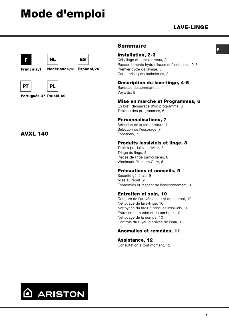 Page 1 de la notice Manuel utilisateur Hotpoint Ariston AVXL 140 EU