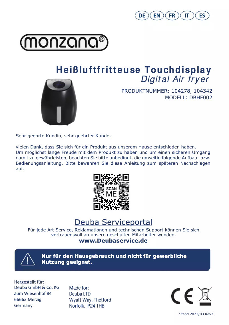 Page 1 de la notice Manuel utilisateur Monzana DBHF002