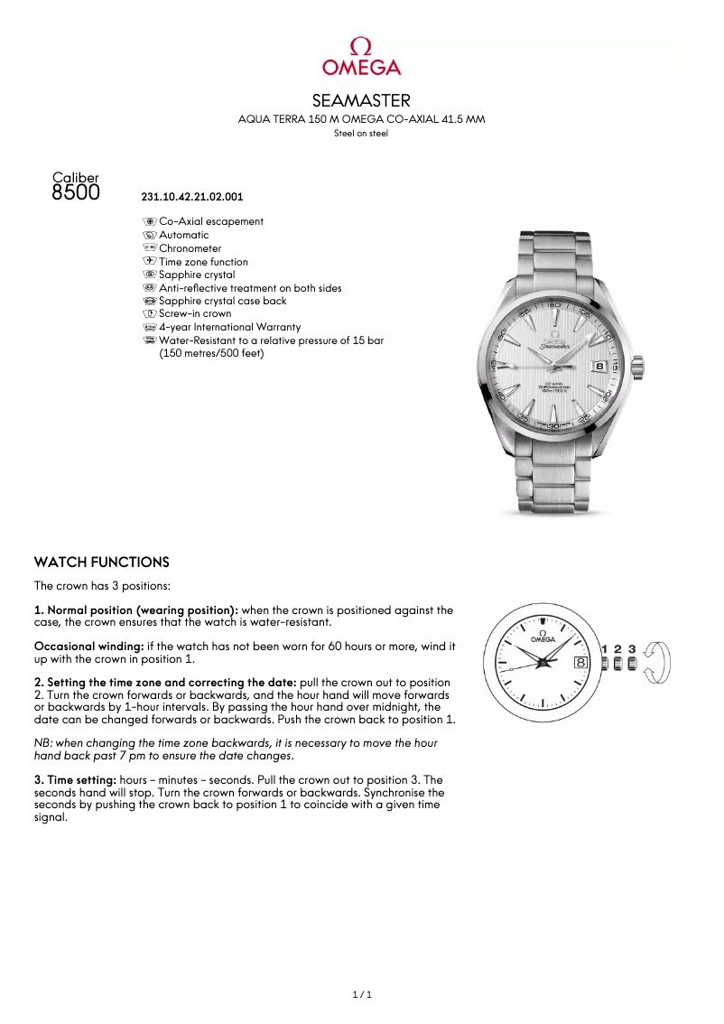Page 1 of the manual User Manual Omega Seamaster Aqua Terra 150 M