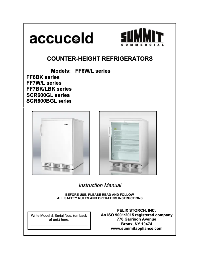 Page n°1 - Manuel d'utilisation et d'entretien Accucold FF6LW