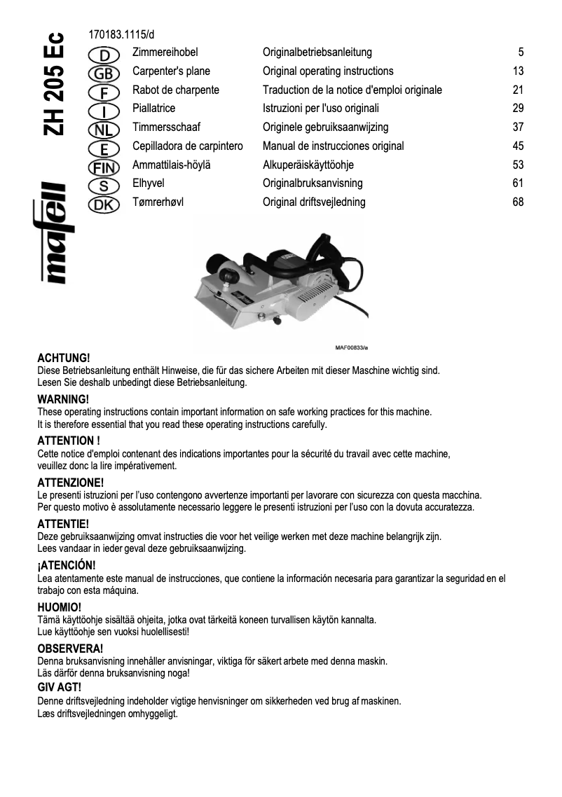 Image de la première page du manuel de l'appareil ZH 205 Ec