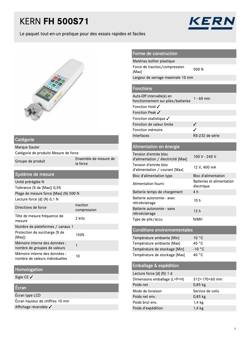 Page 1 de la notice Fiche technique Kern FH 500S71