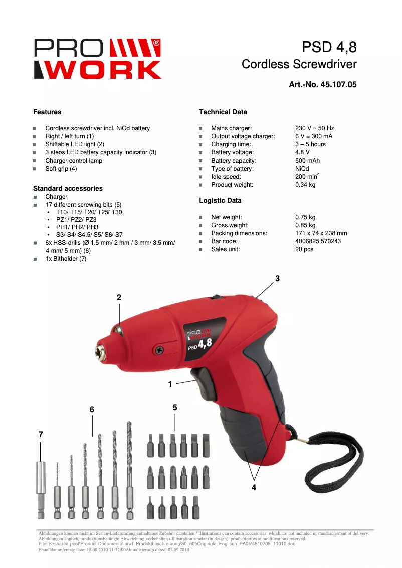 Page 1 de la notice Manuel utilisateur Prowork PSD 4,8