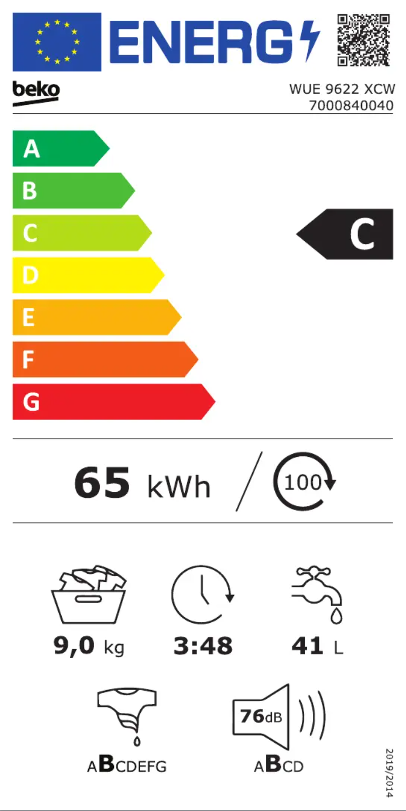 Page 1 de la notice Label énergétique Beko WUE 9622 XCW