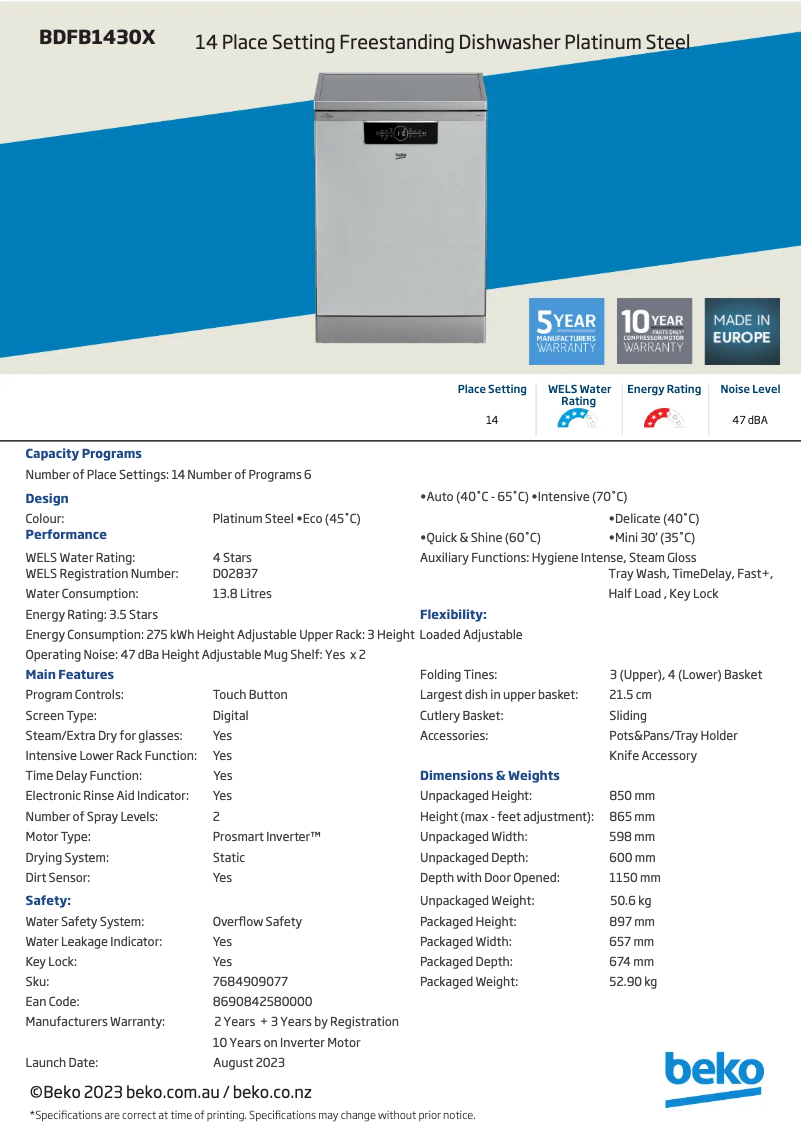 Page 1 de la notice Fiche technique Beko BDFB1430X