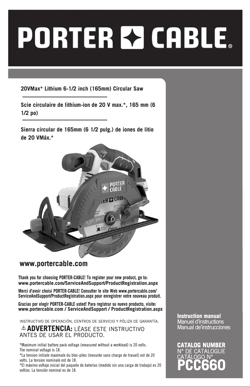 Page 1 de la notice Manuel utilisateur Porter-Cable PCC660