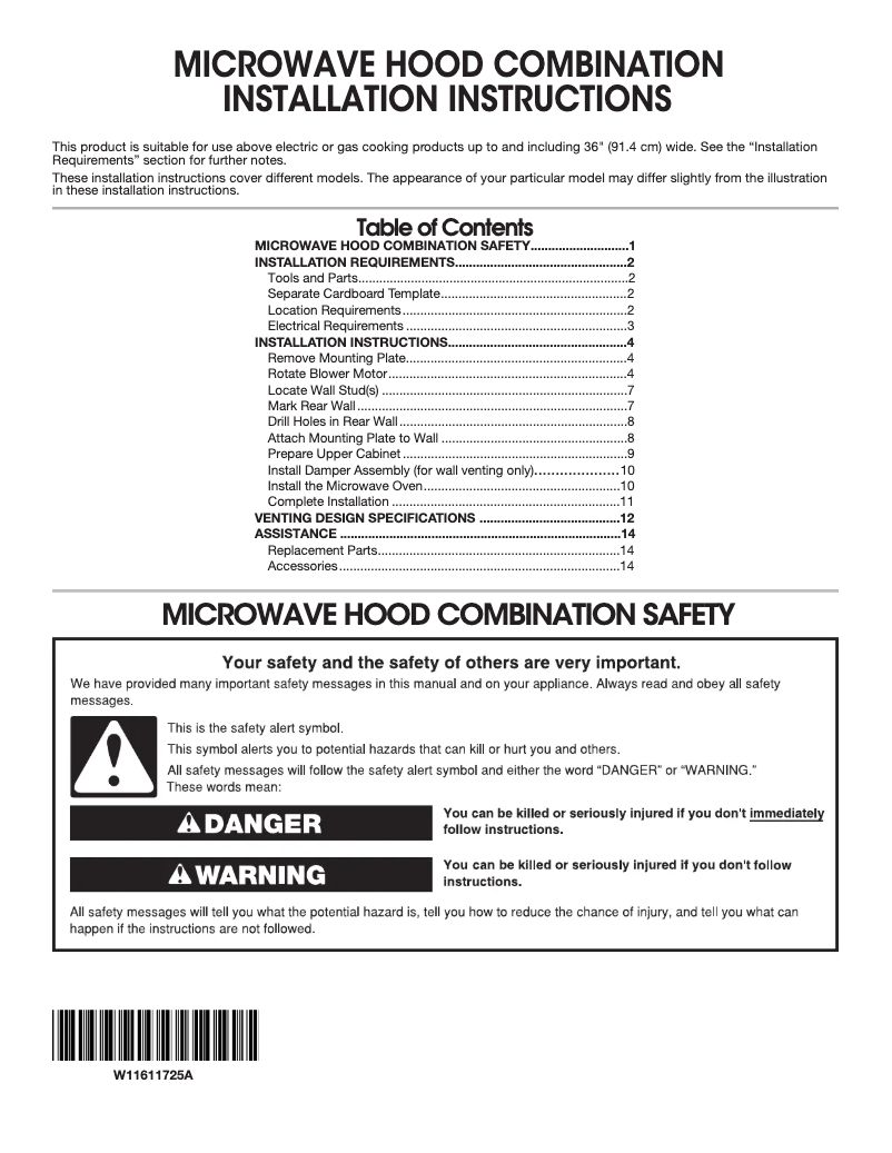 Page n°1 - Guide d'installation Amana UMV1170LS