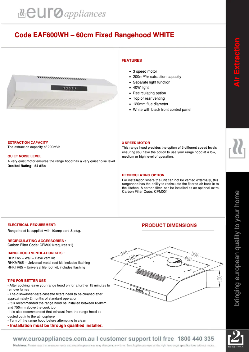 Page 1 de la notice Fiche technique Euro Appliances EAF600WH