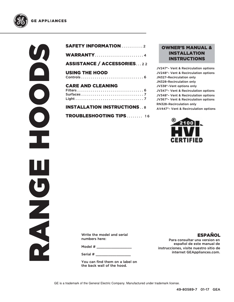Page n°1 - Manuel d'utilisation et d'entretien GE JV347HWW