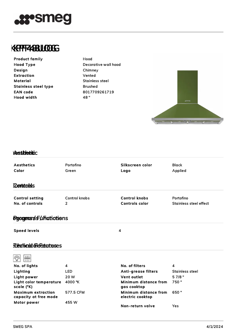 Page n°1 - Fiche technique Smeg KPF48UOG
