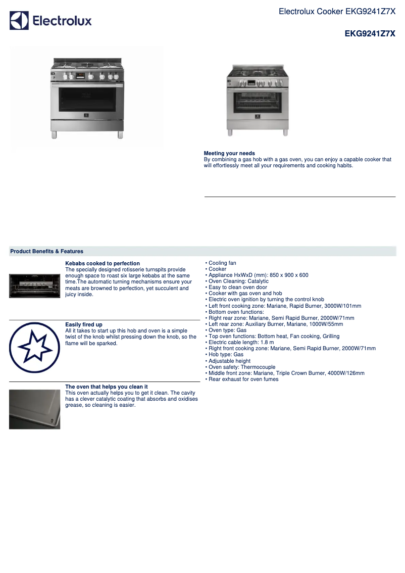 Page 1 de la notice Fiche technique Electrolux EKG9241Z7X