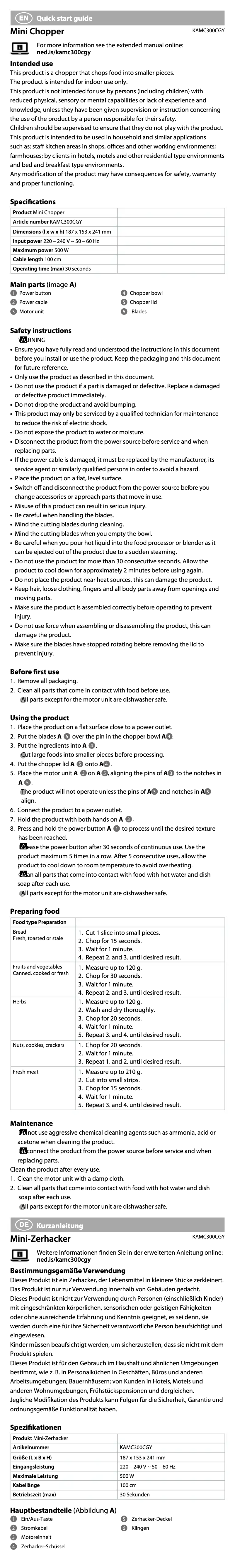 Page 1 de la notice Manuel utilisateur Nedis KAMC300CGY