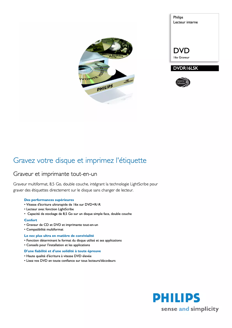 Page 1 de la notice Fiche technique Philips DVDR16LSK