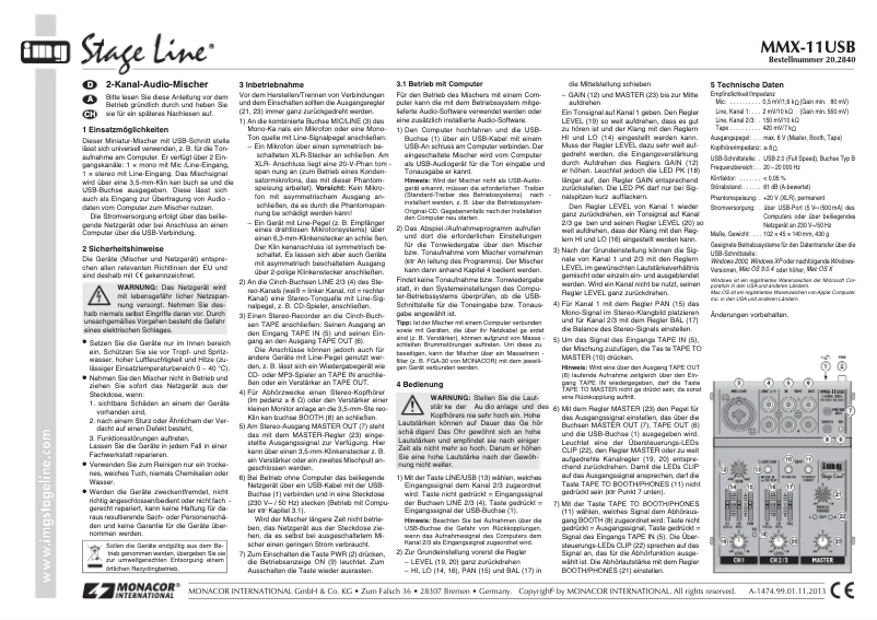 Page n°1 - Manuel utilisateur Monacor MMX-11 USB