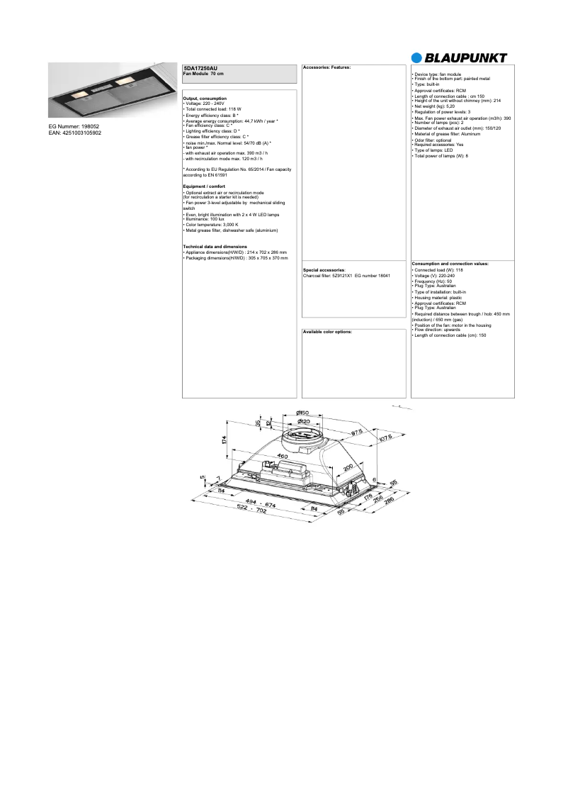 Page 1 de la notice Fiche technique Blaupunkt 5DA17250