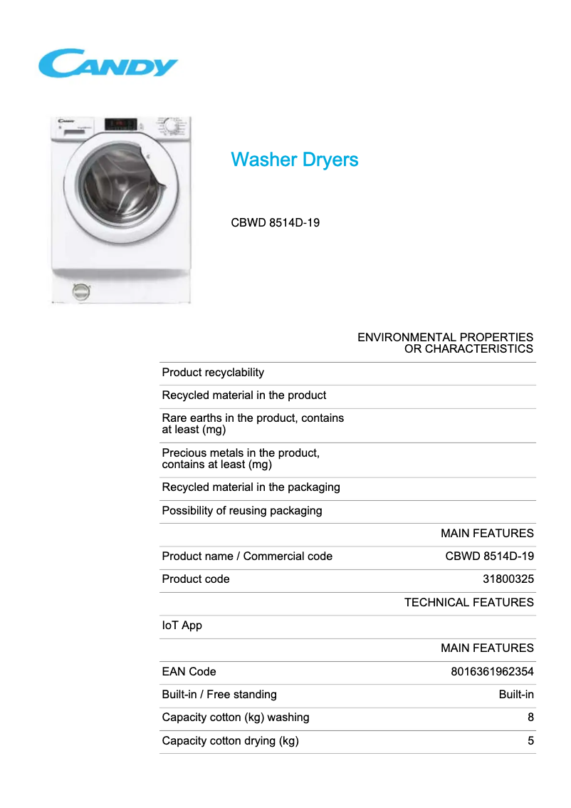 Page 1 de la notice Fiche technique Candy CBWD 8514D-19