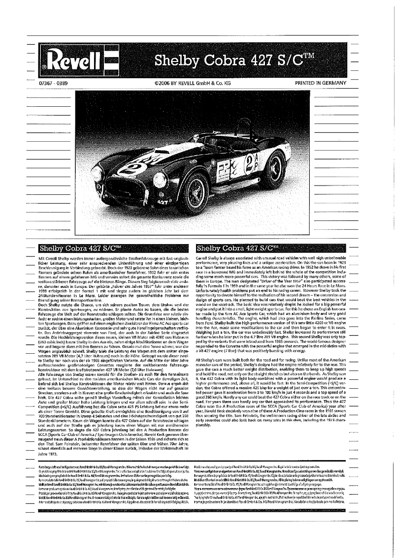 Image de la première page du manuel de l'appareil Shelby Cobra 427 S/C