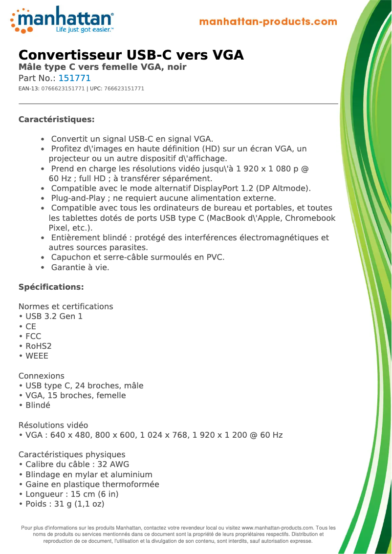 Page 1 de la notice Fiche technique Manhattan 151771