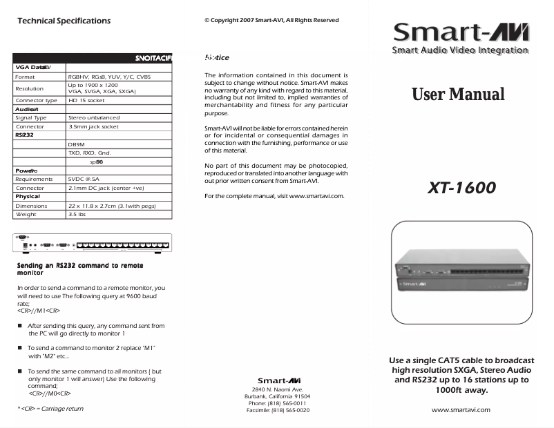 Page 1 de la notice Manuel utilisateur Smart-AVI XT-TX1600