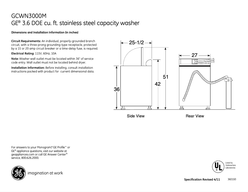 Page n°1 - Fiche technique GE GCWN3000MWS