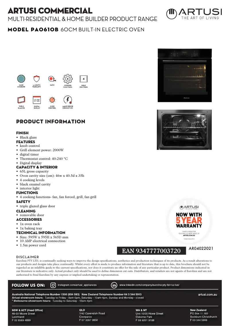 Page 1 de la notice Fiche technique Artusi PAO610B
