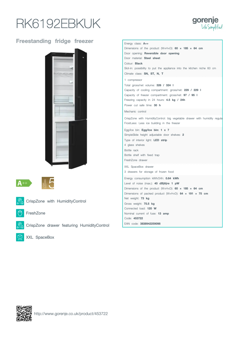 Page n°1 - Fiche technique Gorenje RK6192EBK