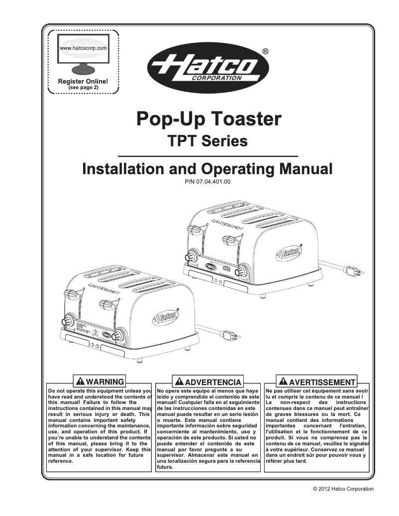 Page n°1 - Manuel utilisateur Hatco TPT-208