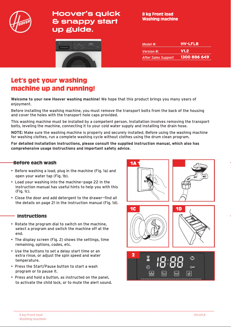 Page 1 of the manual Quick Start Guide Hoover HV-LFL8