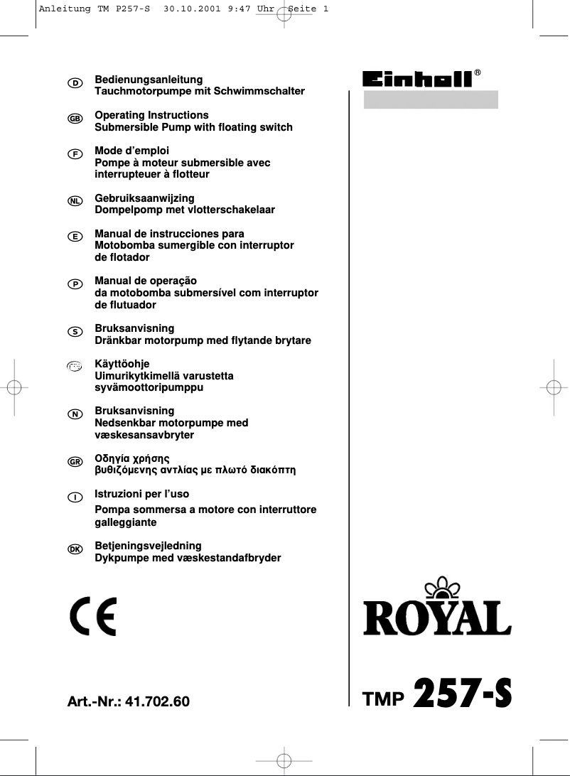 Page n°1 - Manuel utilisateur Einhell Royal TMP 257-S