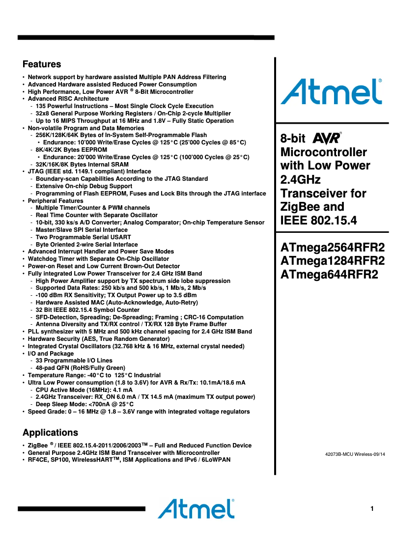 Page 1 de la notice Fiche technique Microchip ATmega2564RFR2